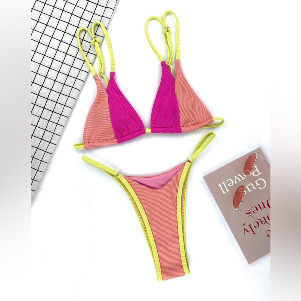 NWOT Colorblock Rib Bikini Set Pink and Yellow